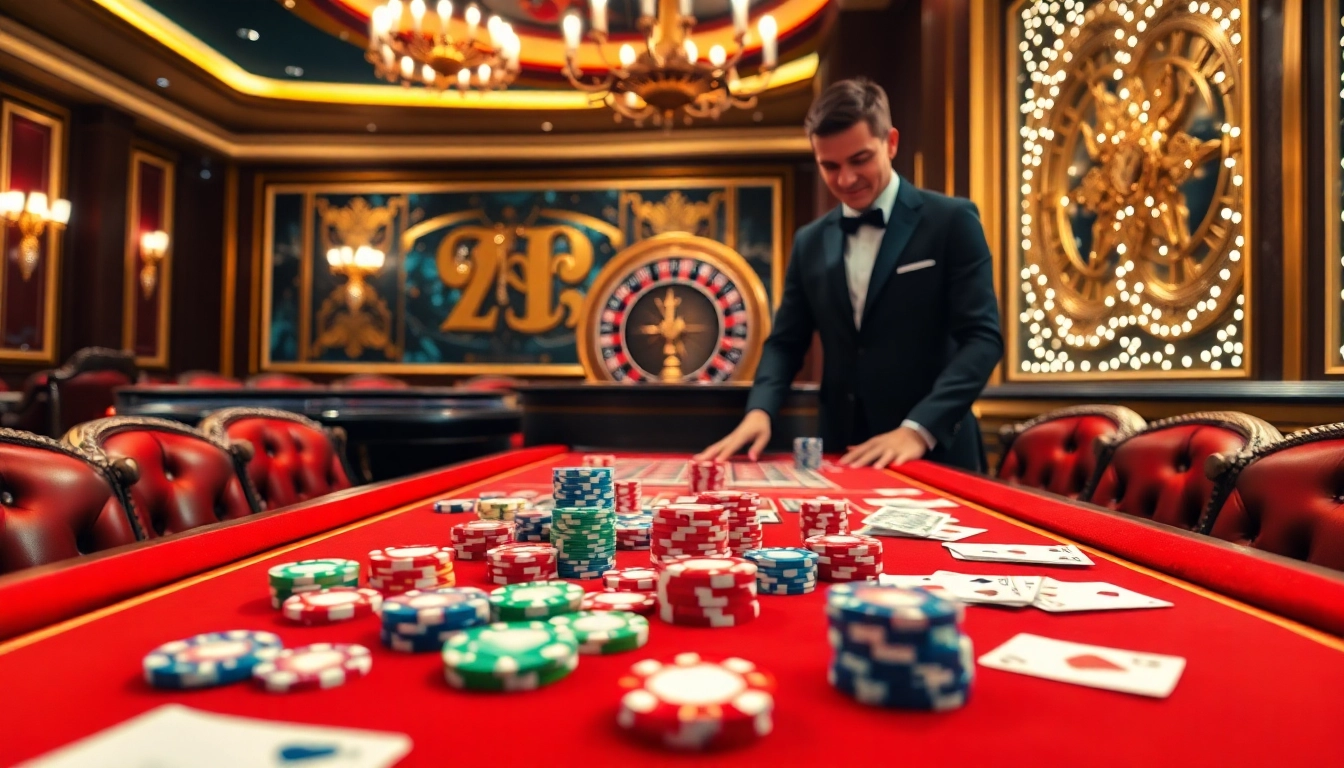 C168 casino gaming scene with vibrant poker chips, playing cards, and a luxurious atmosphere.