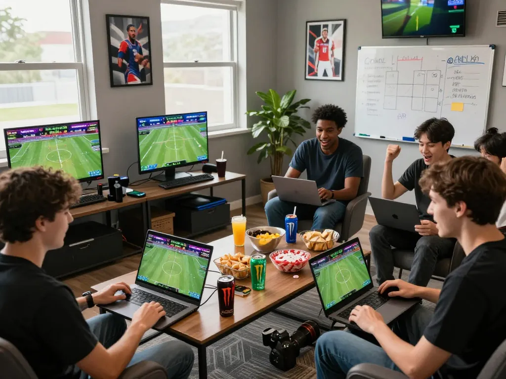 Exciting group of players enjoying sports betting experience at tv88 Trang chủ, surrounded by sports memorabilia and live game stats.