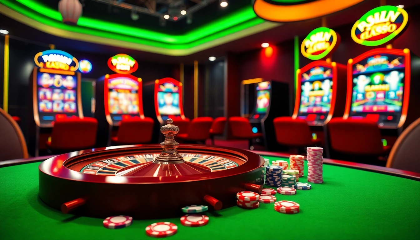 Engage in thrilling gaming at BL555 with a vibrant casino atmosphere featuring roulette, poker chips, and slot machines.