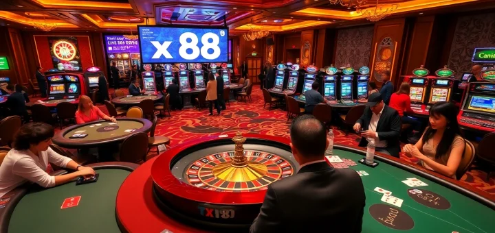 Gambling table with vibrant x 88 branding, showcasing an exciting poker game atmosphere.