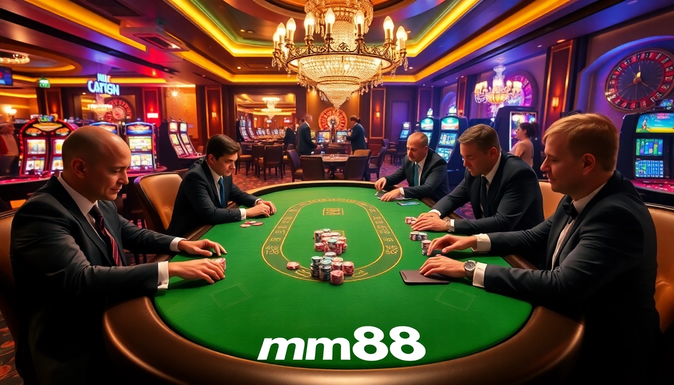 Experience thrilling gameplay at mm88's vibrant casino, featuring poker chips and players in action.