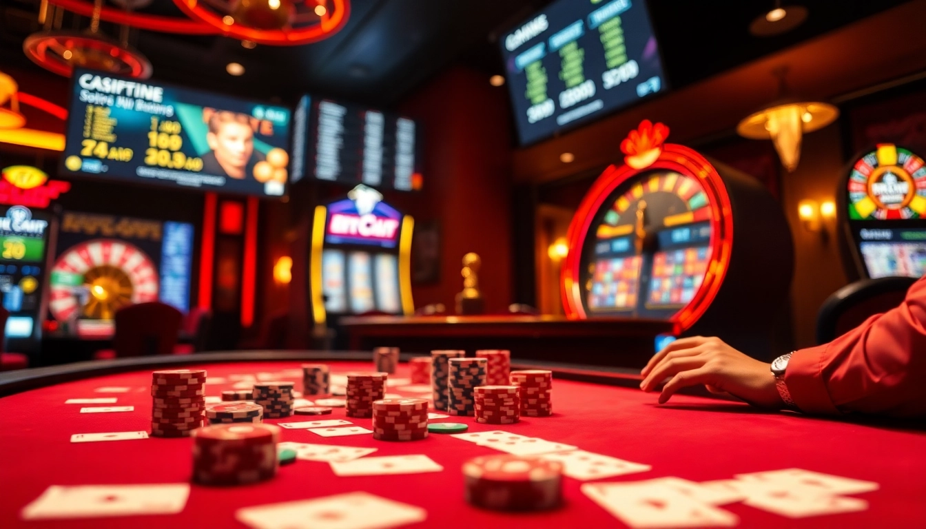 E1 Sport betting scene featuring vibrant casino tables, poker chips, and live race statistics.