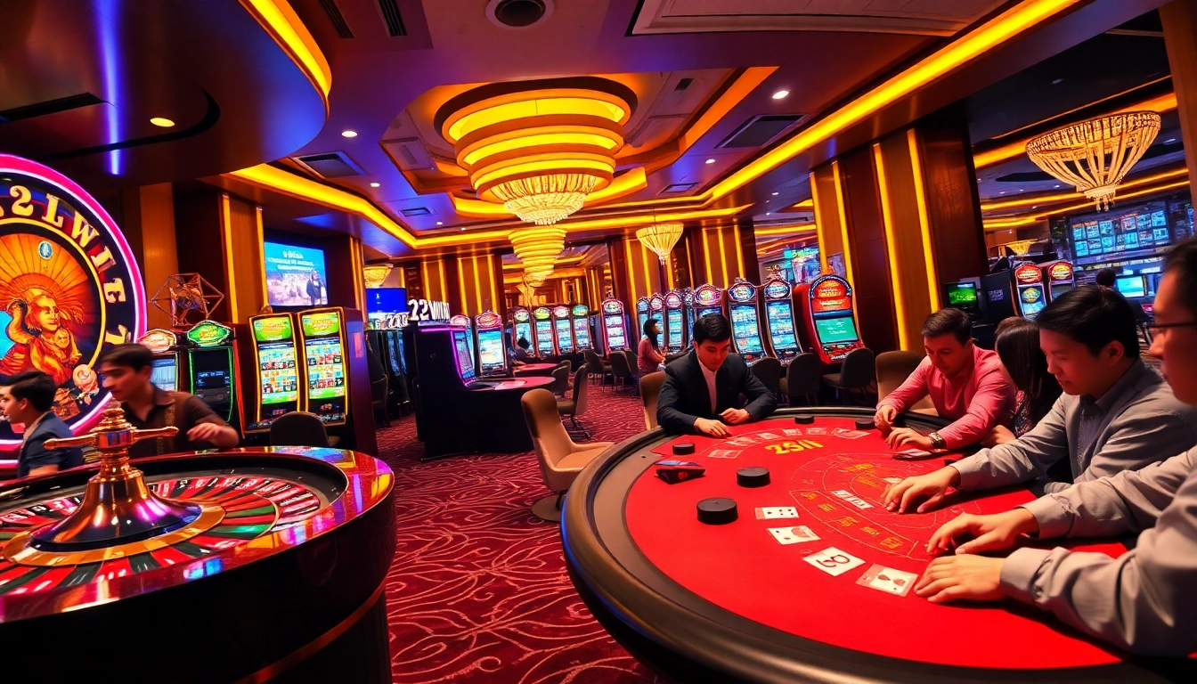 Experience the excitement of 23win's vibrant gaming atmosphere with luxurious casino elements.