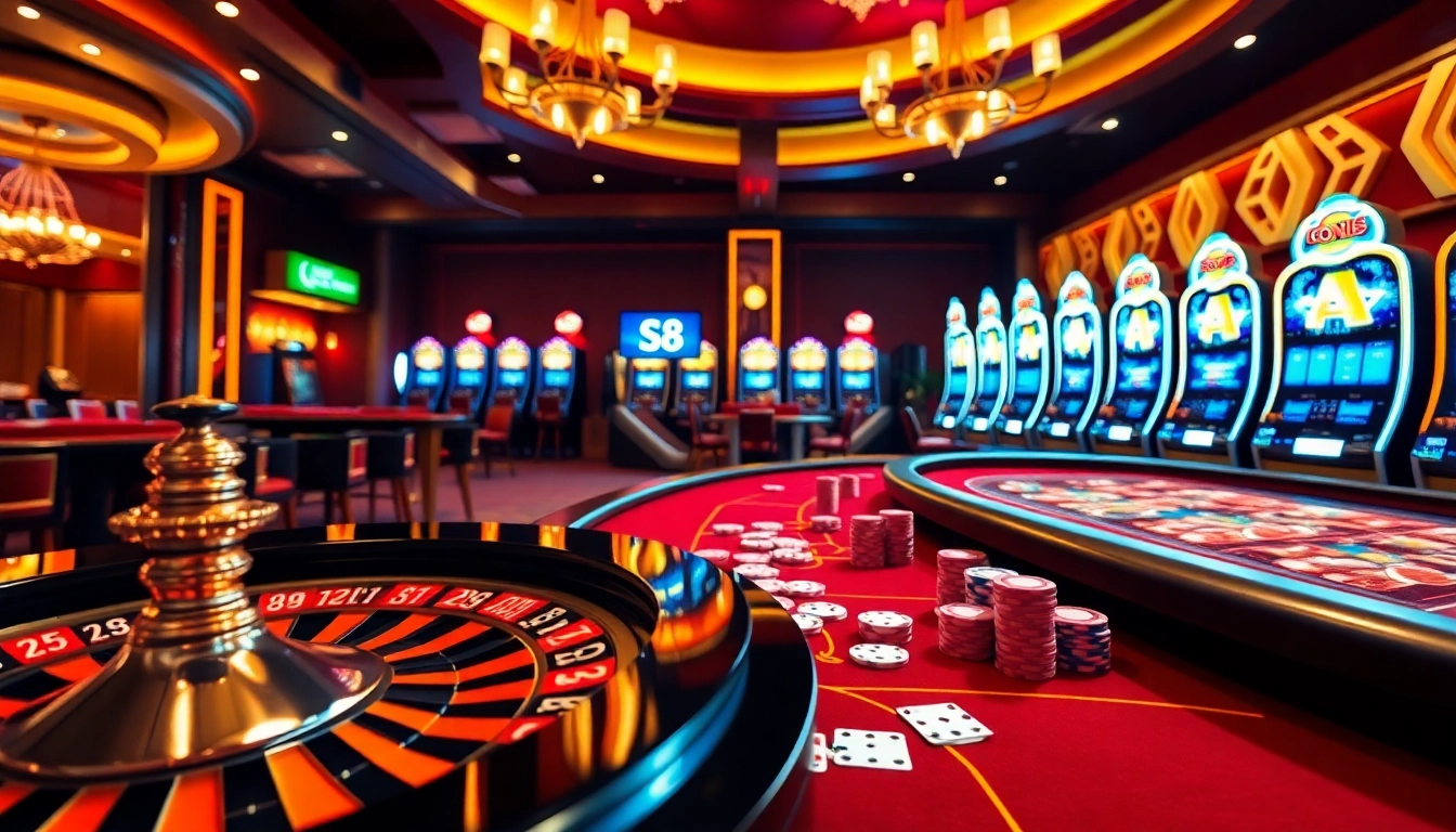 S8 players enjoy a thrilling casino atmosphere with roulette and vibrant slot machines.