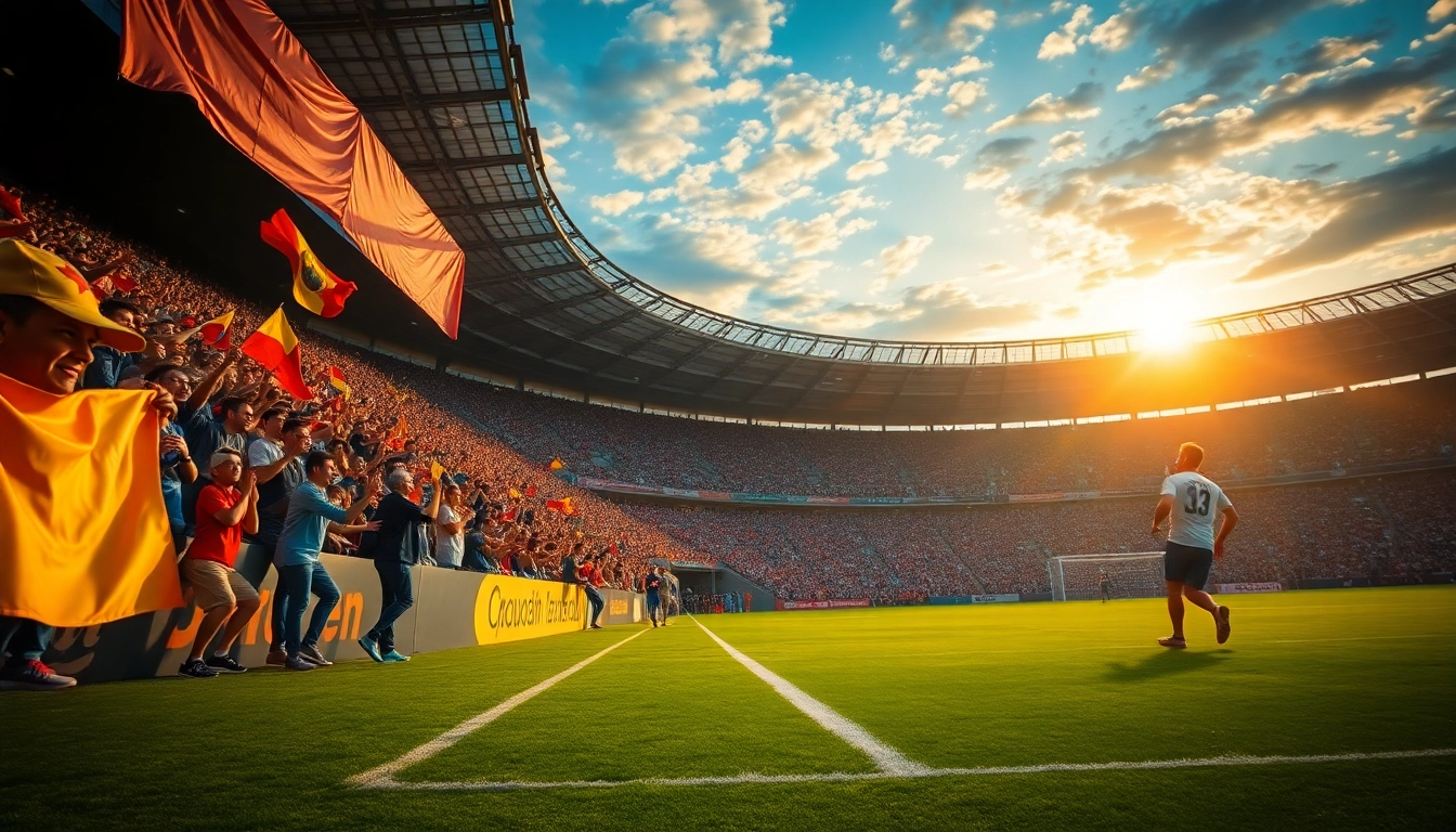 Lịch thi đấu match day excitement with fans cheering in a stadium.