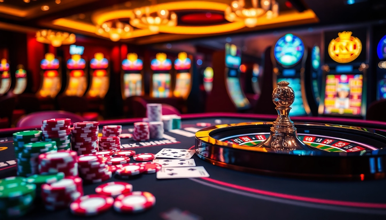 High-stakes casino action at BDTK66 with poker chips, cards, and a roulette wheel