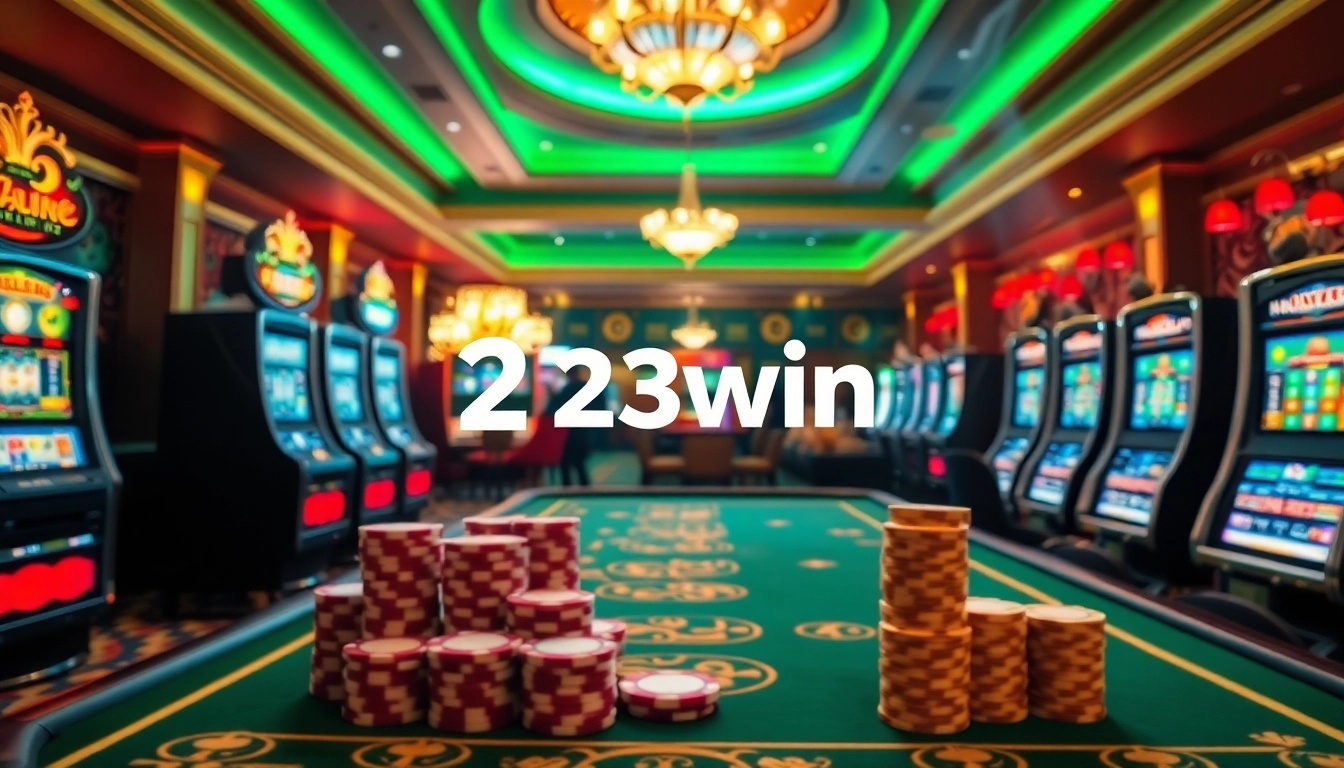 Players enjoying exciting games at 23win casino with vibrant slot machines and elegant tables.