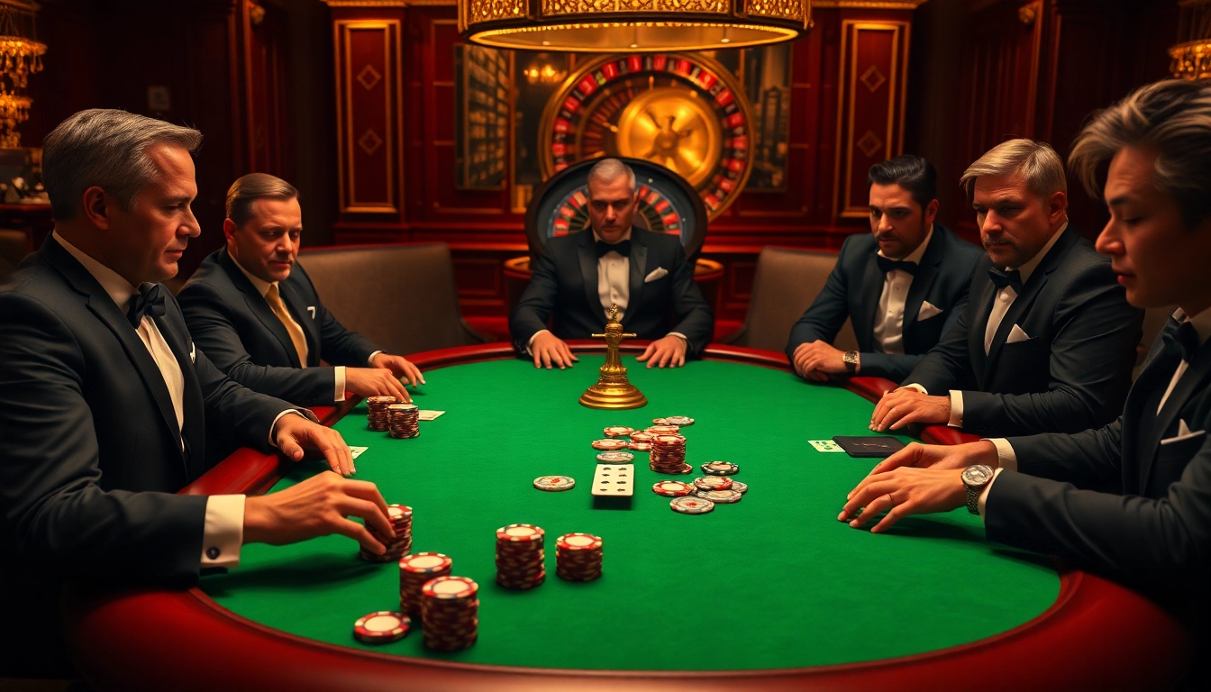 8day poker players strategizing at a luxurious casino table with chips and cards.