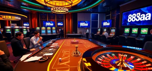 Casino scene showcasing 88aa with poker chips, roulette, and players in action.