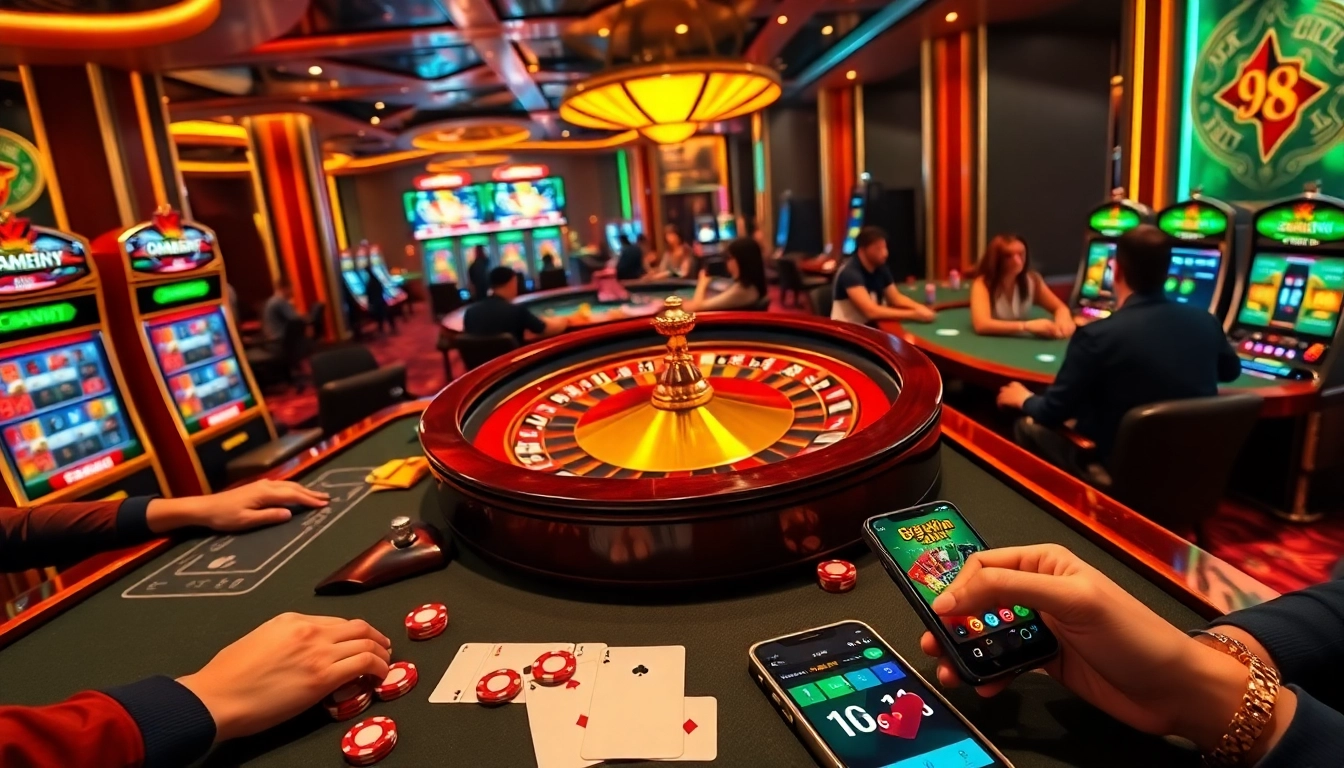 Players enjoying their luck at 98win casino with vibrant tables and exciting slot machines.