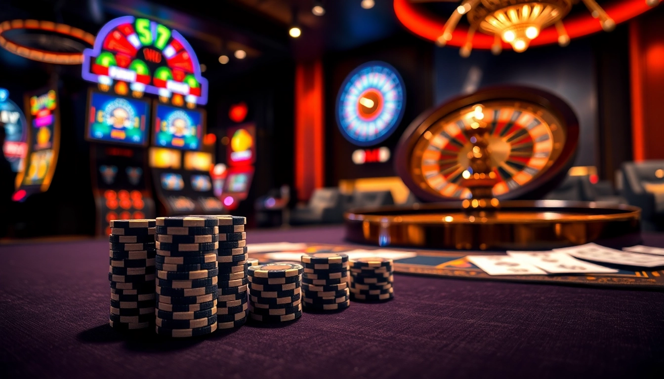 GK88 casino players joyfully engaging in a high-stakes game with poker chips and a roulette wheel.