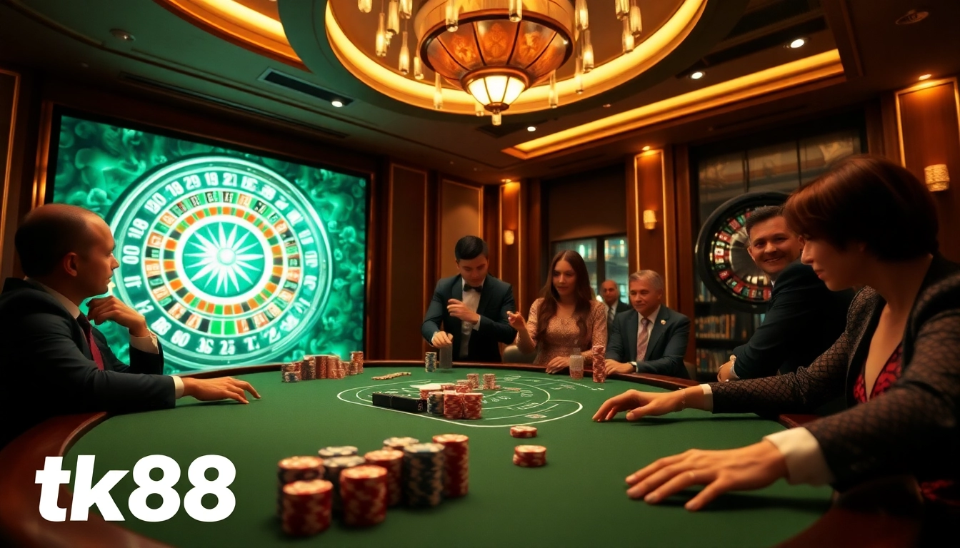 Experience the excitement of tk88 casino gaming with players at a stylish poker table.