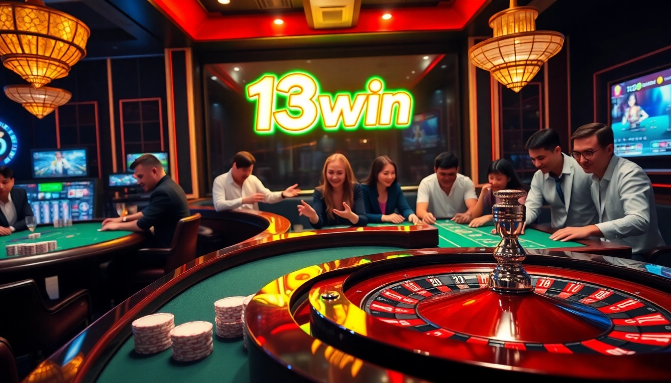 Players demonstrating excitement at the 13win online casino with vibrant gaming atmosphere.
