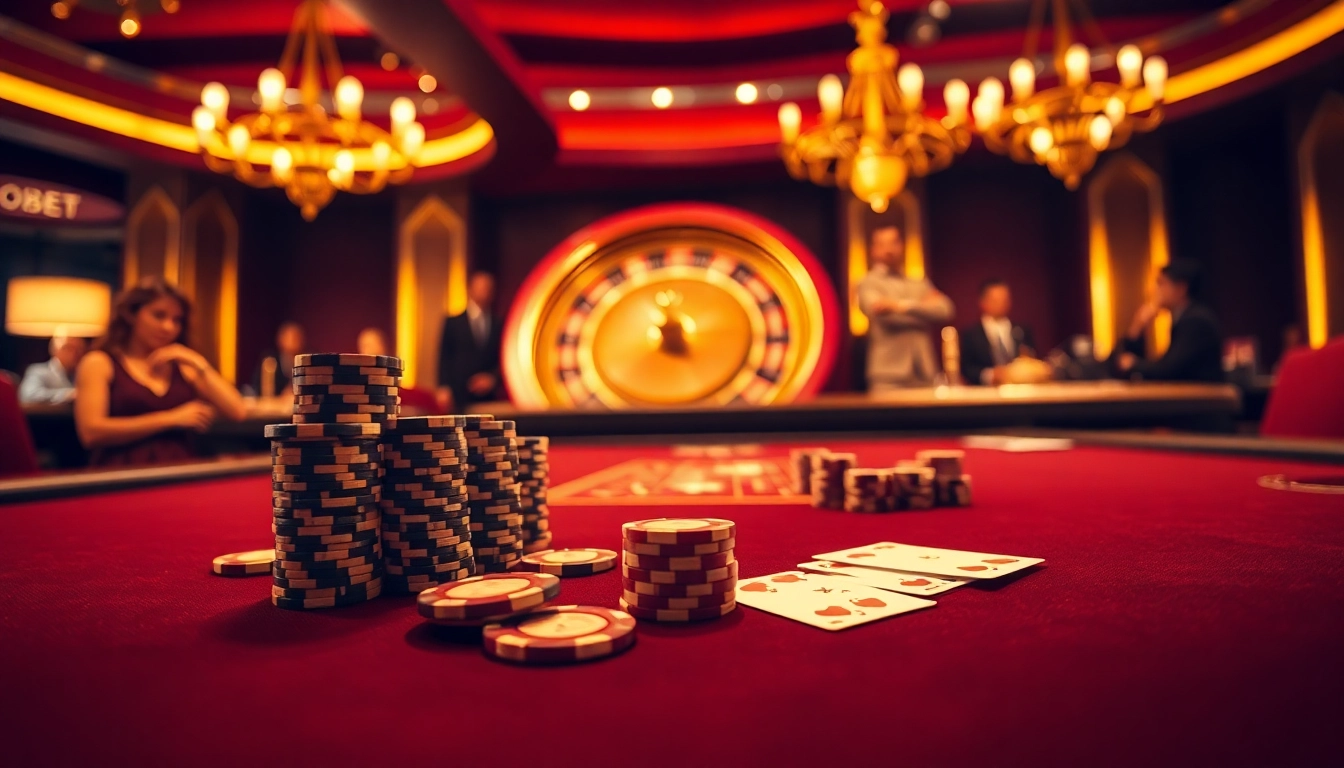 Experience the thrill of OXBET in a luxurious casino setting with poker tables and roulette wheels.