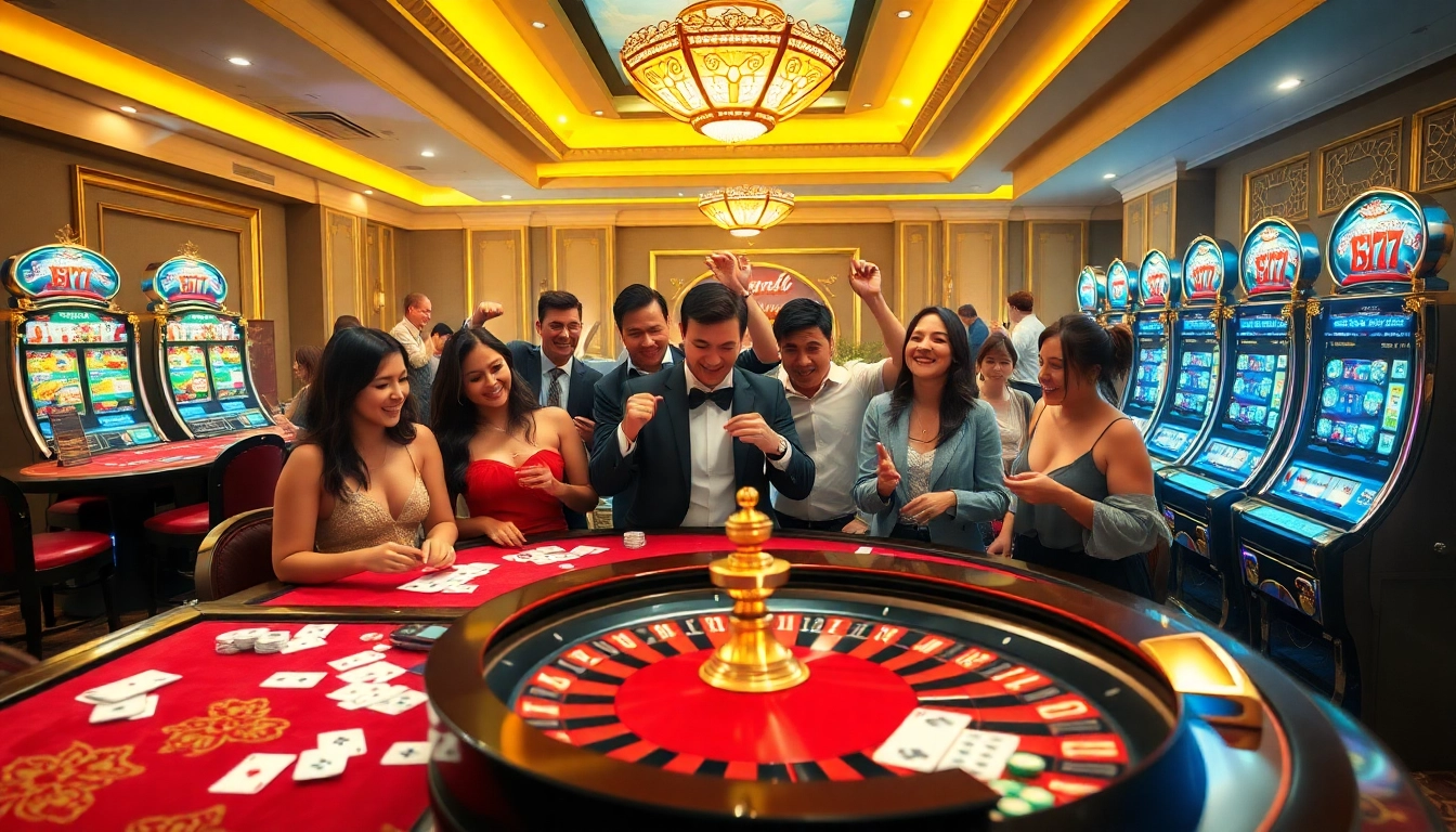 MM88 casino scene with excited players celebrating wins at vibrant tables and slots