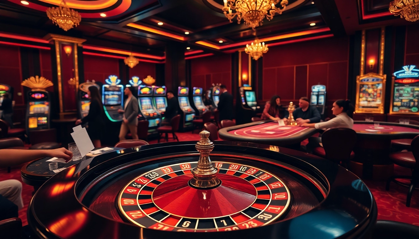 Exciting gaming scene at https://www.kjc.global/ featuring roulette, poker, and vibrant casino atmosphere.