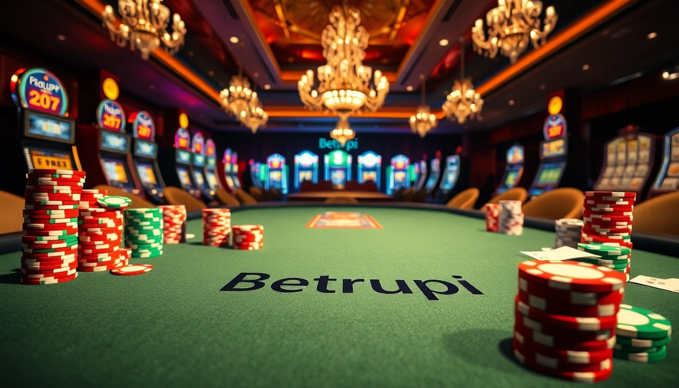 Betrupi ile renkli poker taşlarının bulunduğu kasinoda heyecan dolu bir masa.