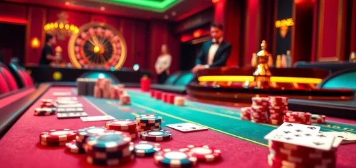 Exciting scene at 79win casino featuring vibrant gaming tables and poker chips.