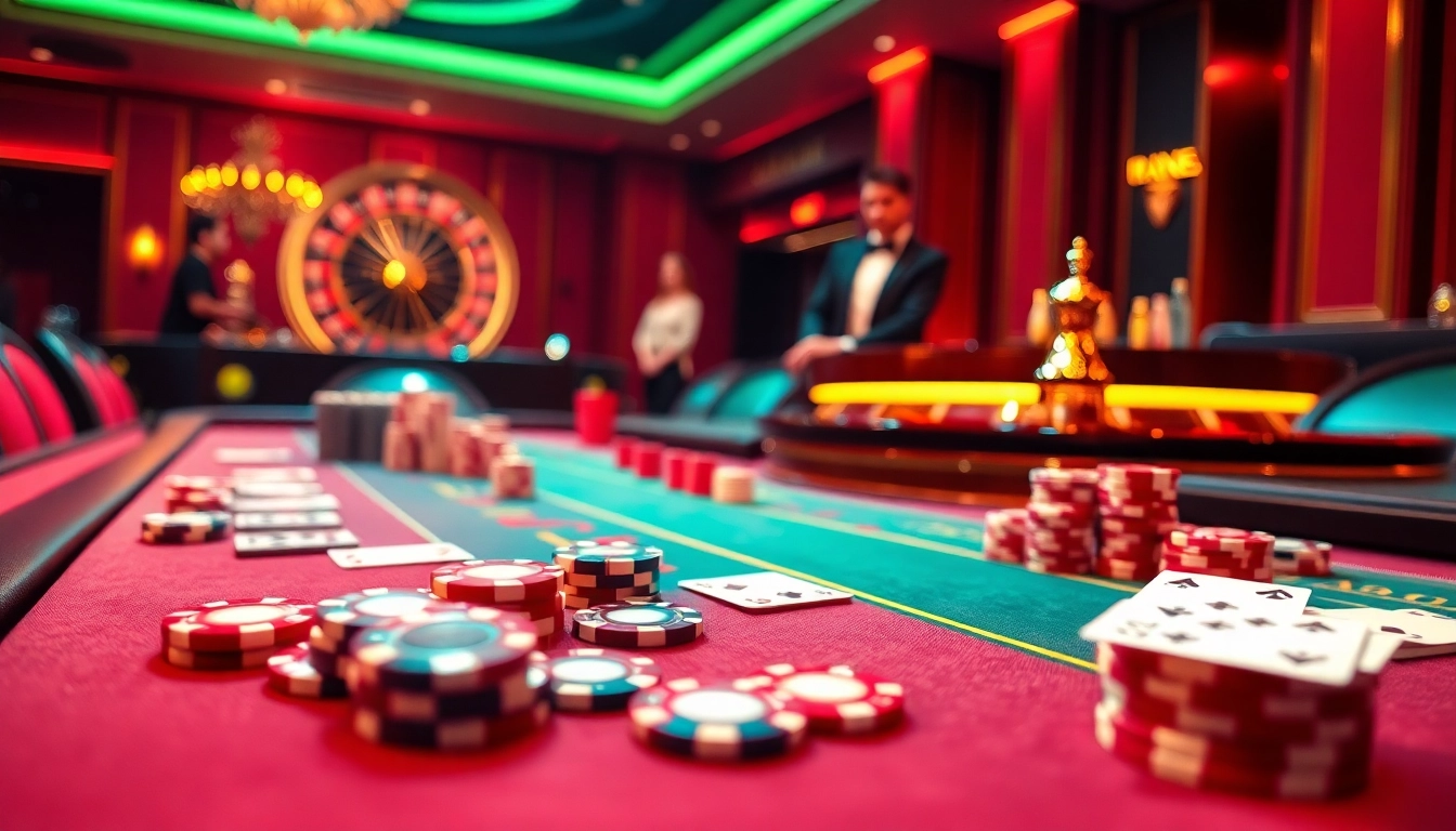 Exciting scene at 79win casino featuring vibrant gaming tables and poker chips.