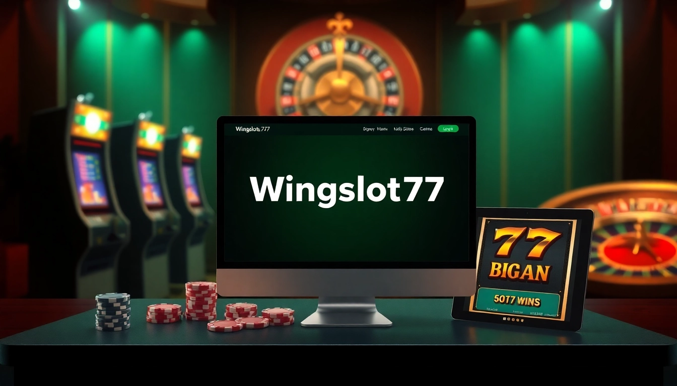 Wingslots77 Login on an elegant online casino interface with vibrant slots and poker chips.