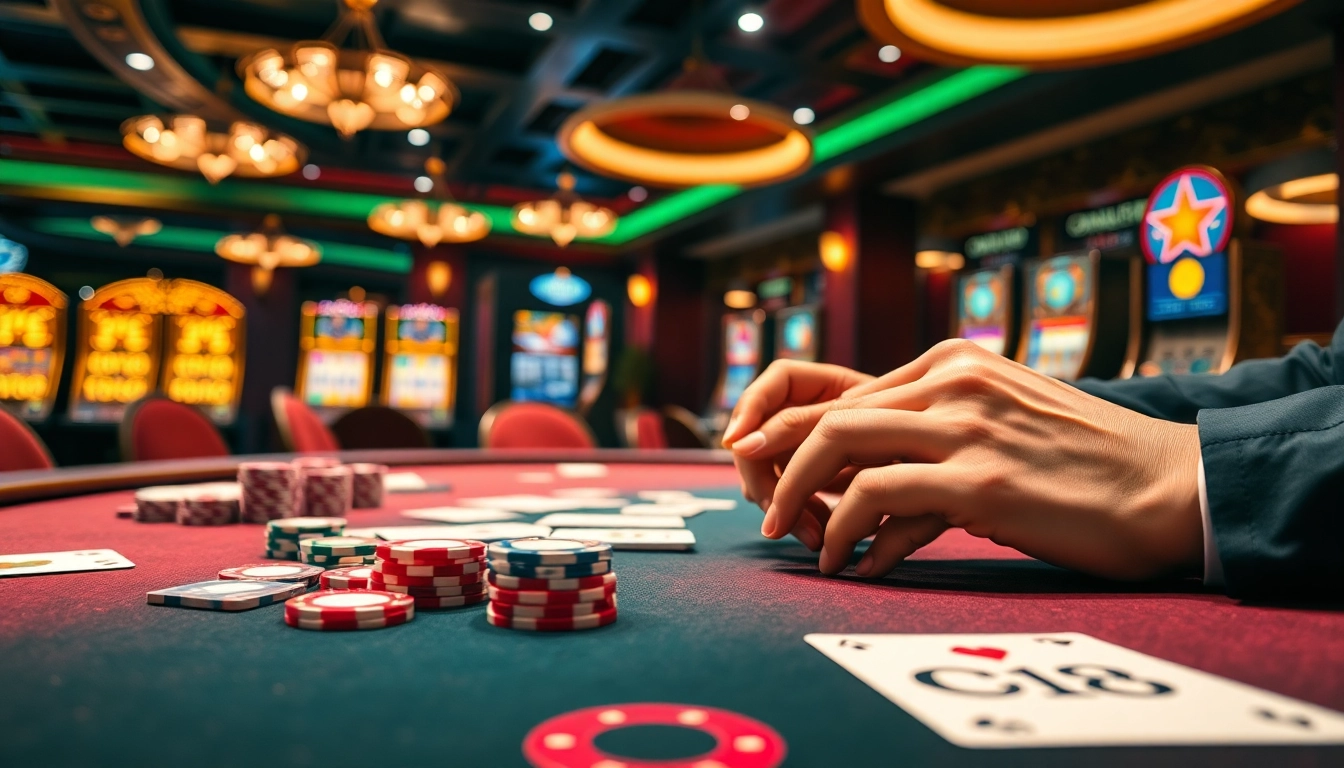 C168-themed poker table with vibrant chips and cards in a luxurious casino setting.