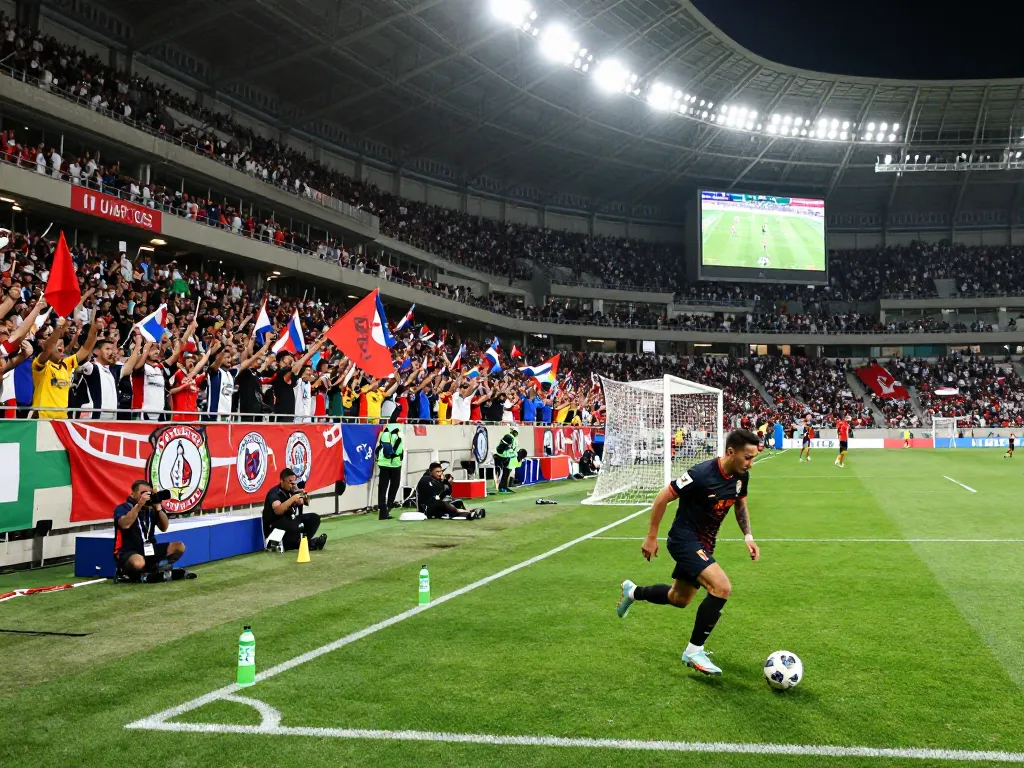 Nowgoal live soccer match scene with player dribbling ball and cheering fans in stadium