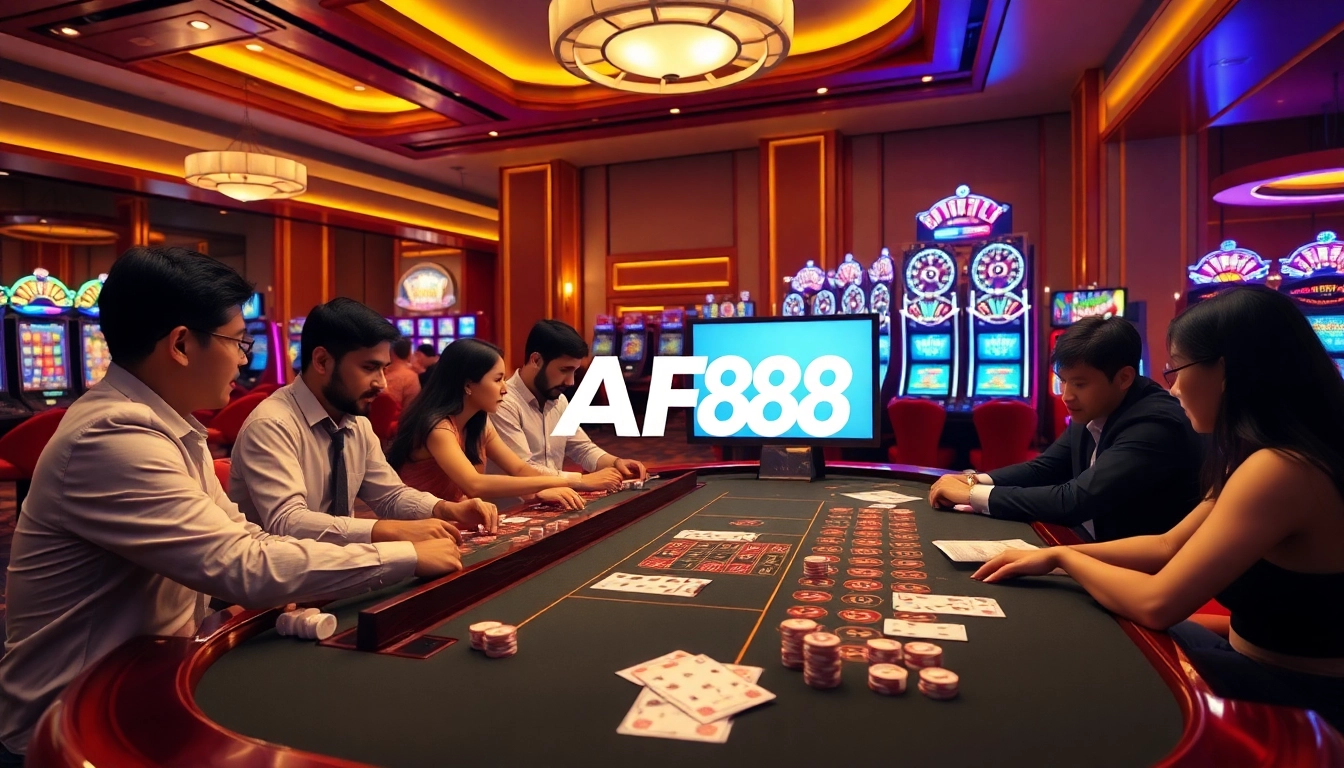Betting action at an AF88 casino, with players engaged at a vibrant table with colorful chips.