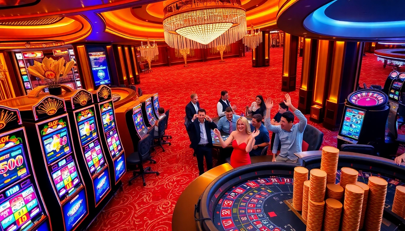 Players enjoy a thrilling moment at slot777 machines, showcasing excitement and luxury.