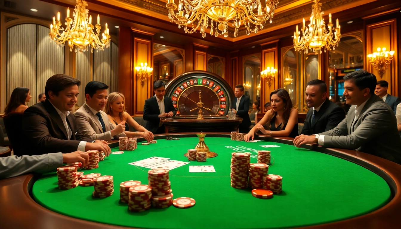 Players enjoying high-stakes poker at J88 casino, vibrant atmosphere with roulette and chips.