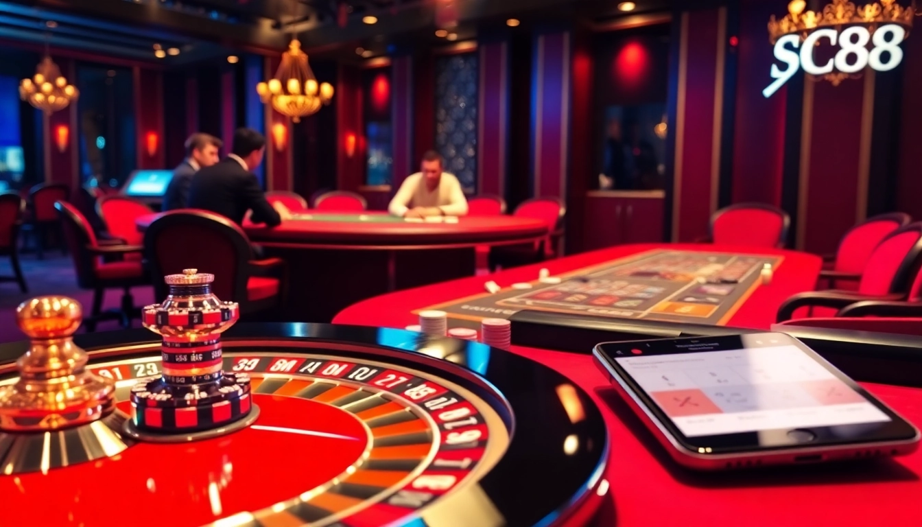 Excited players placing bets on SC88's modern casino tables featuring roulette and poker.