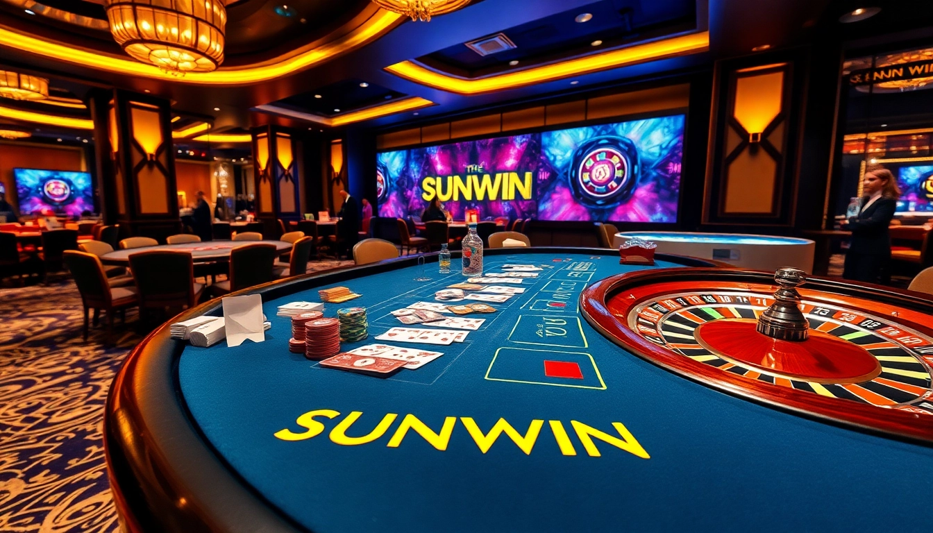 Play exciting card games at SUNWIN's luxurious casino table filled with vibrant chips and cards.