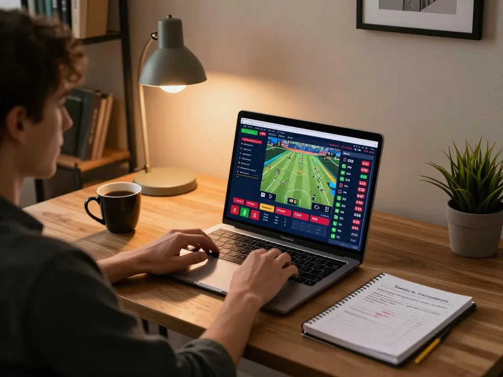 VN789 player actively engaging in online sports betting with strategic notes and cozy home setup