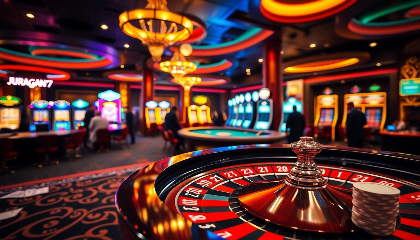 Witness the thrill of juragan77 with vibrant casino games and engaged players in a luxurious setting.