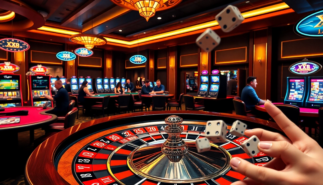 Players enjoying a thrilling game at XX88 casino table surrounded by vibrant slot machines.