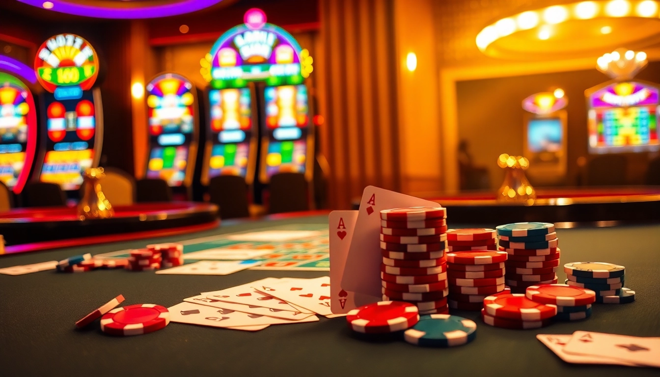 Players enjoying thrilling games at 68VIP Casino, showcasing vibrant poker chips and cards.