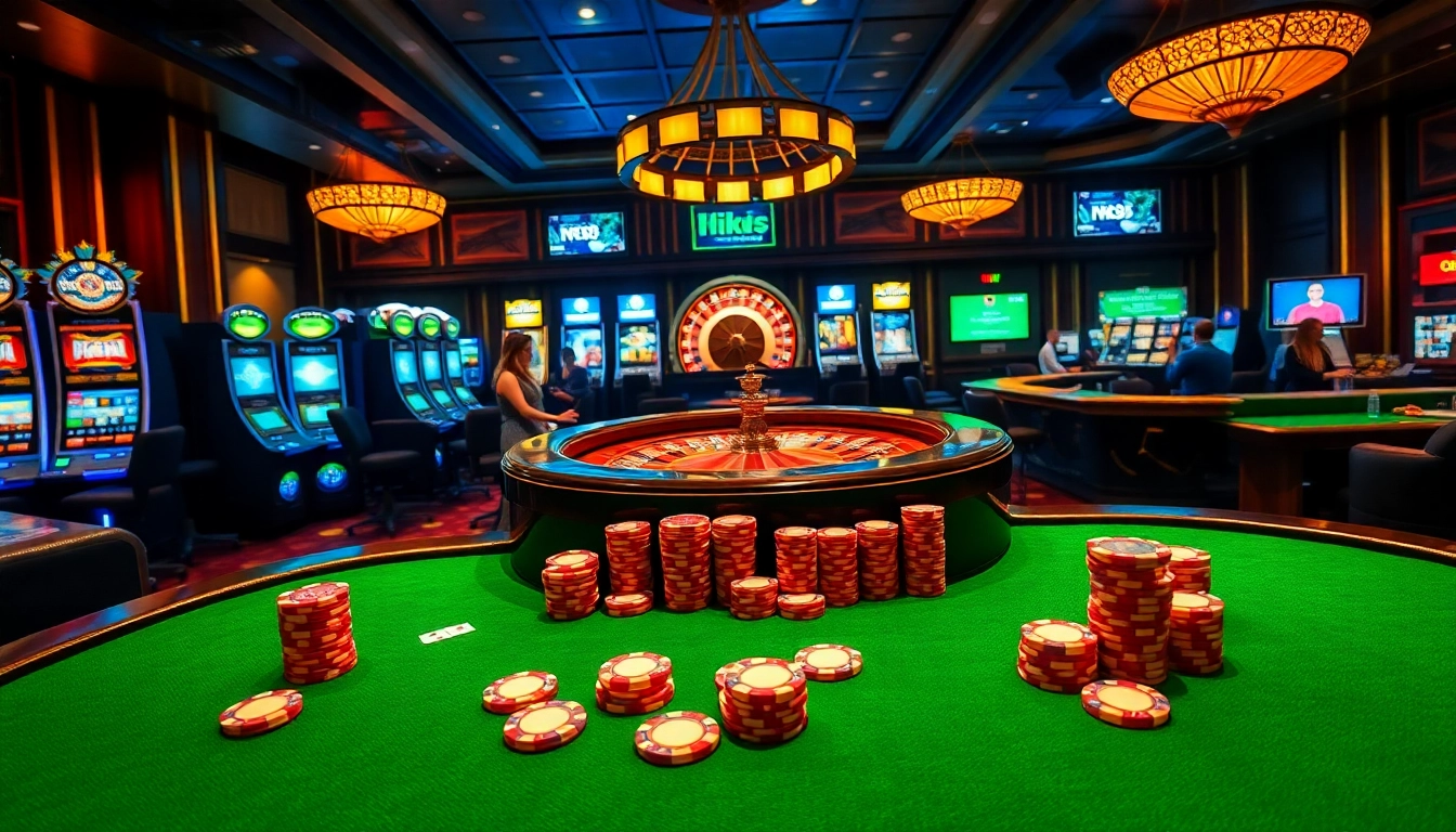 Players enjoying an exciting game at NK88 casino, surrounded by vibrant slot machines and elegant gaming tables.