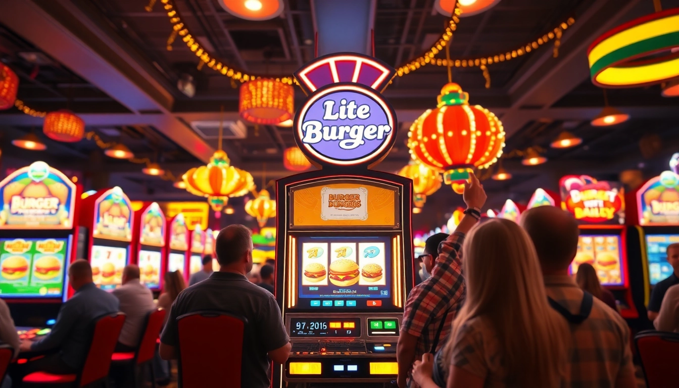 Mesin Burgerslot di kasino yang ramai, menampilkan grafis burger yang hidup dan pemain menikmati sensasi bermain.