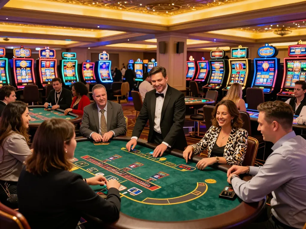 Players at the W69 blackjack tables engaged in a thrilling game, vibrant casino atmosphere.