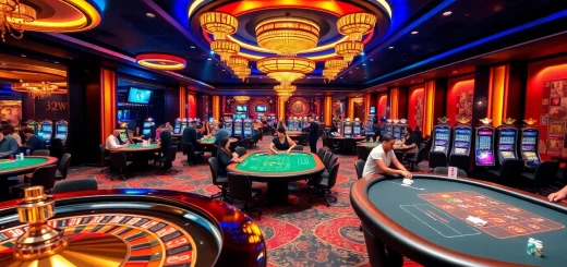 Players enjoying the thrills of 32WIN in a luxurious casino setting with vibrant gaming elements.