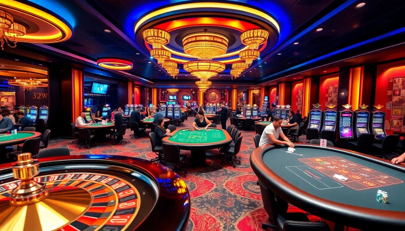 Players enjoying the thrills of 32WIN in a luxurious casino setting with vibrant gaming elements.