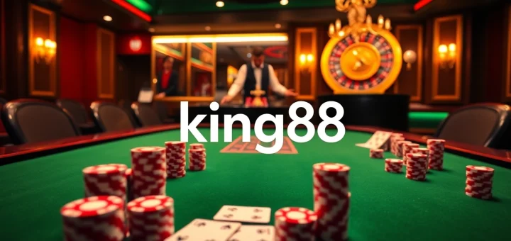 Experience the thrill of king88 with vibrant casino visuals featuring poker chips and cards.