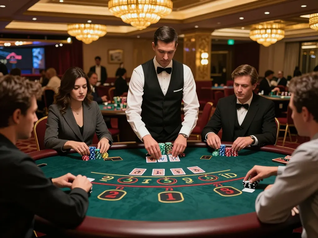 Players strategizing at a high-stakes blackjack table on badak178 platform, showcasing intense gameplay.