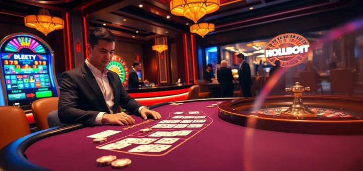 Engaging casino scene featuring hello88 bot offering luxurious gaming experiences with blackjack, poker chips, and winning slots.