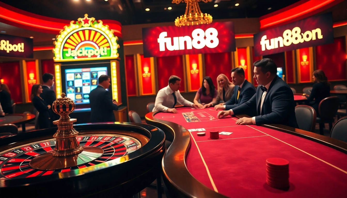 Excited players engaging in lively casino games at fun88 with vibrant roulette and poker tables.