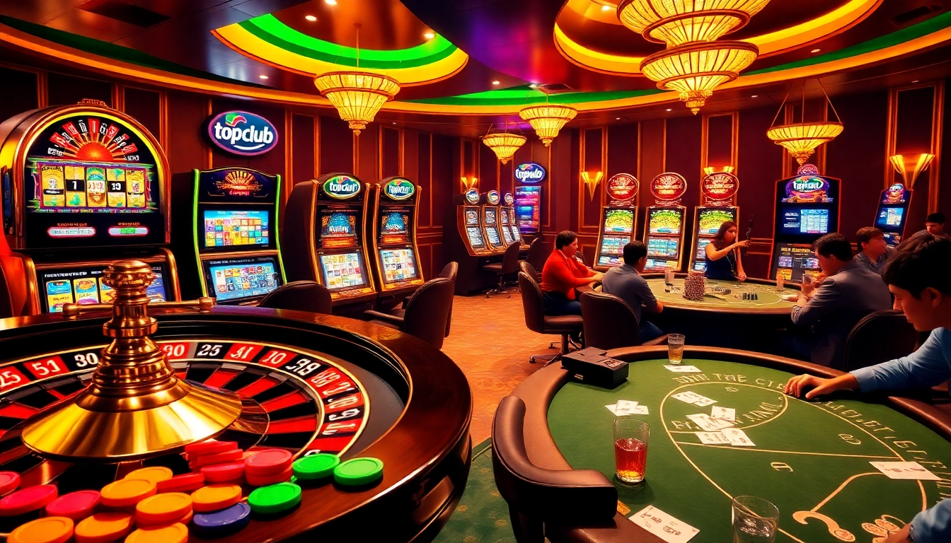 Experience the excitement of gaming at topclub with vibrant casino tables filled with players.