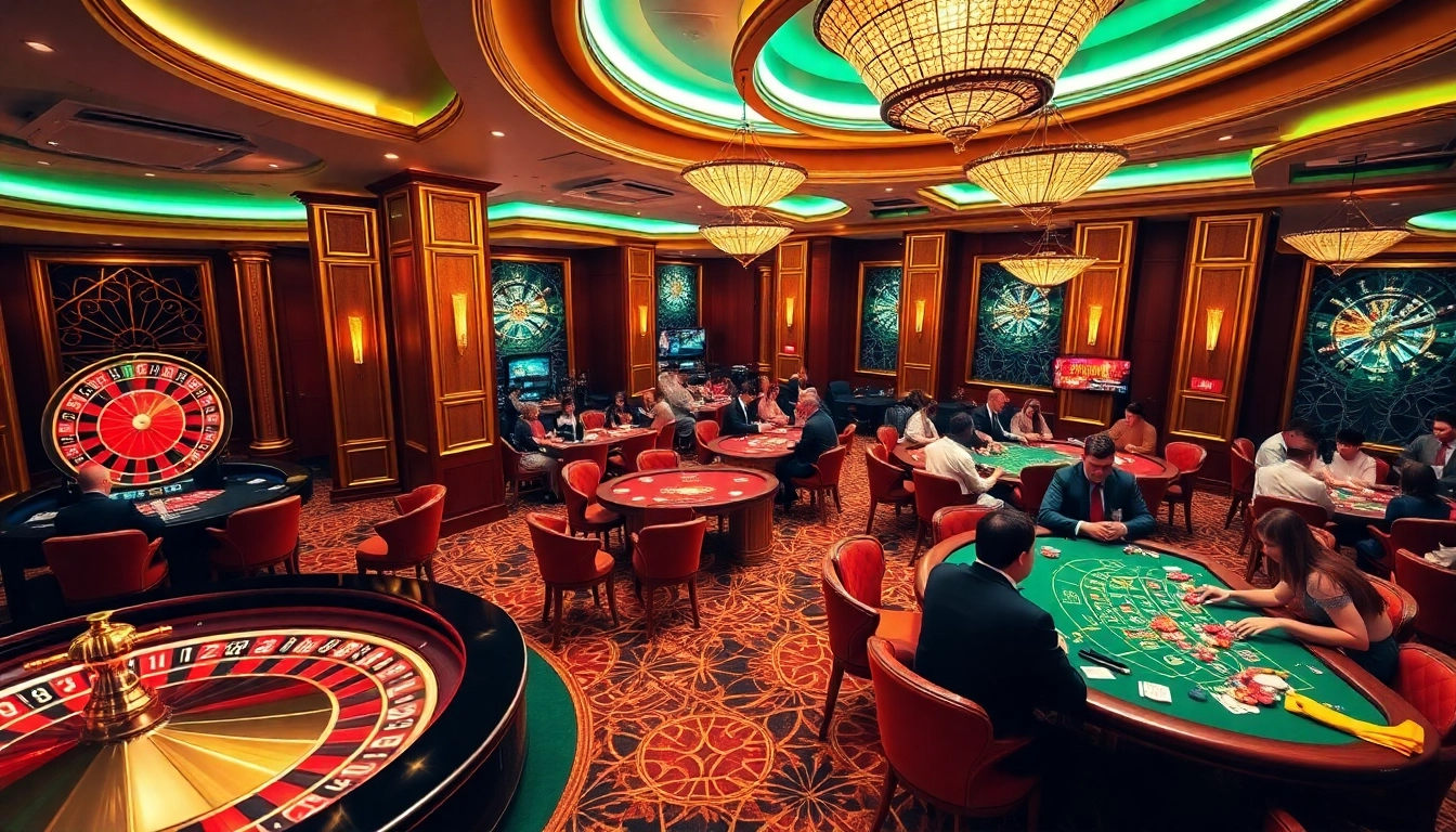 Daga-inspired casino scene featuring players at roulette and poker tables filled with excitement.