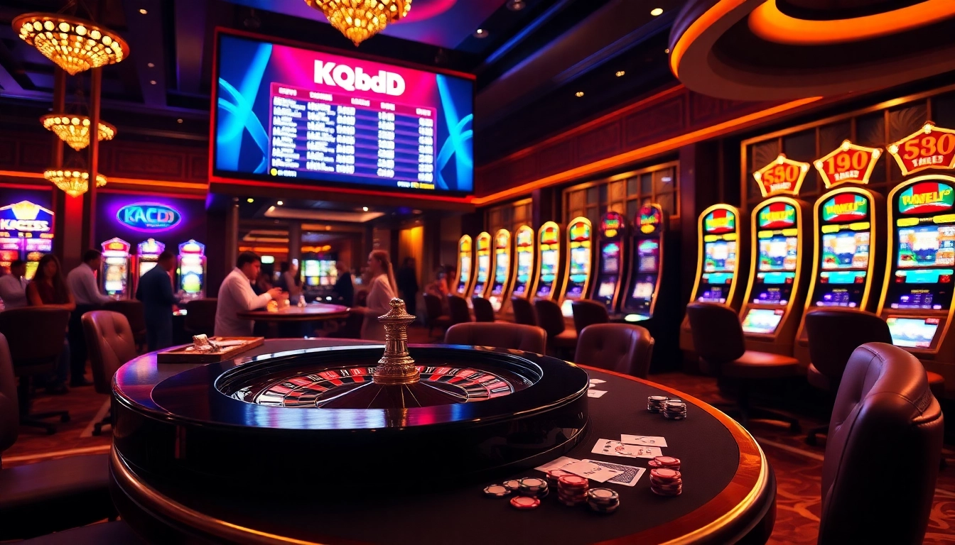 Experience the thrill of kqbd results amidst a glamorous casino atmosphere with vibrant tables and excited players.