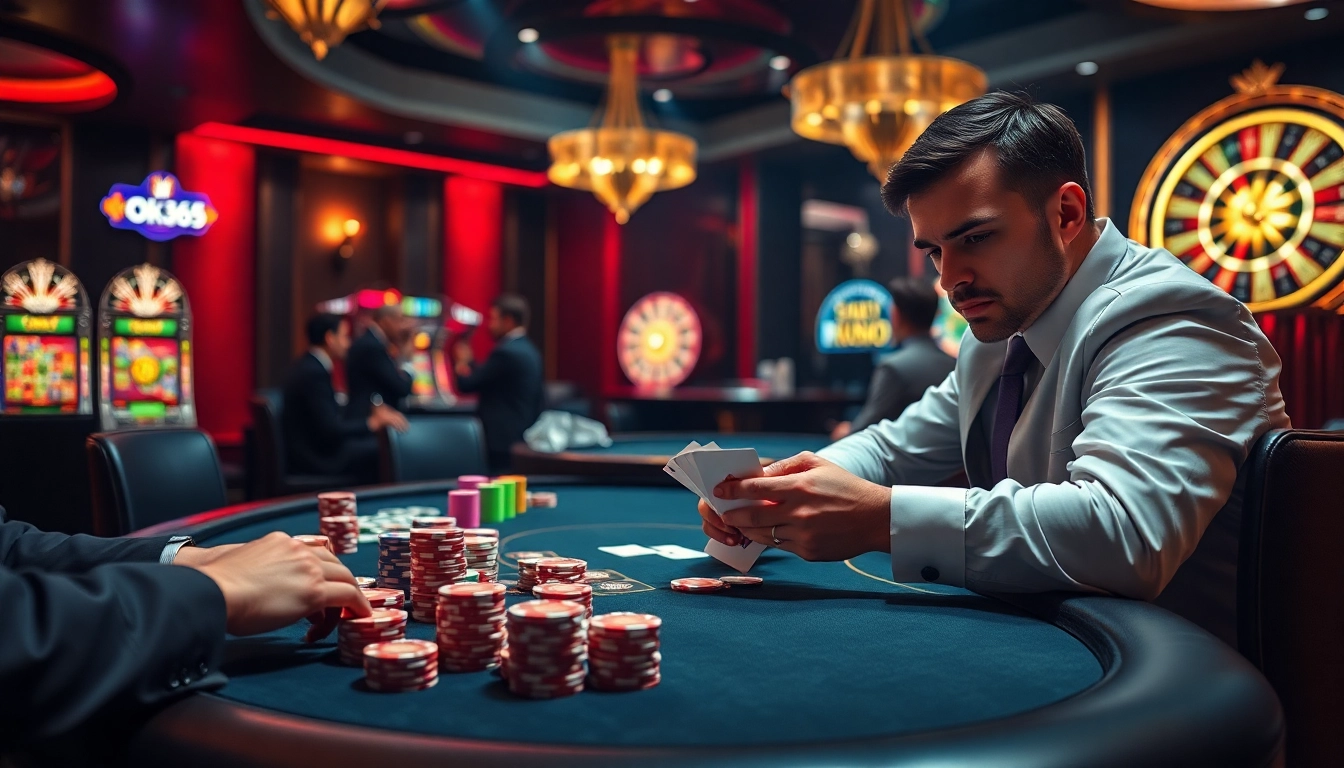 players enjoying a game at ok365 casino table with vibrant colors and luxury atmosphere