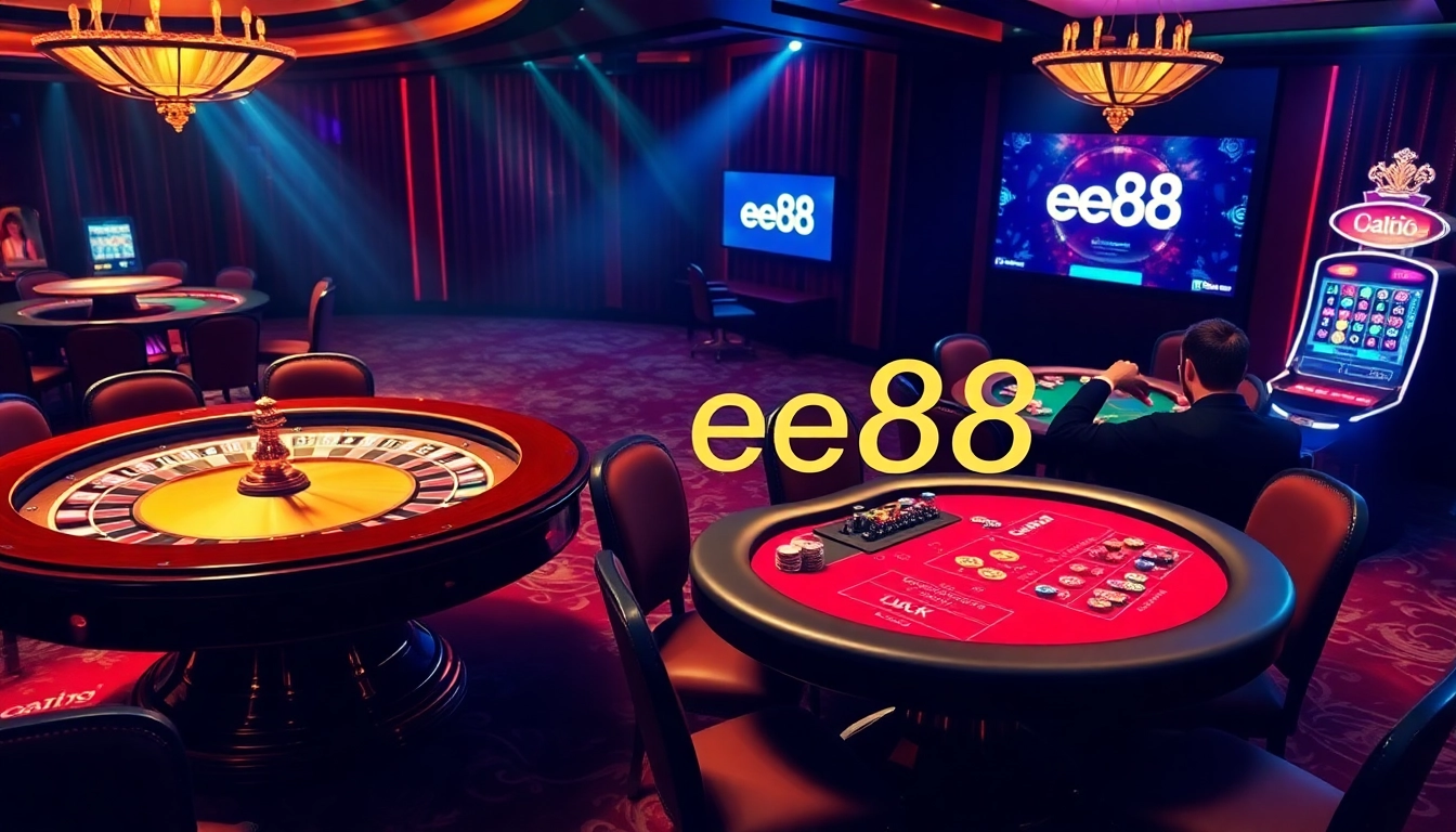 Experience the excitement at the EE88 link đăng nhập with vibrant casino visuals including roulette, poker, and slot games.