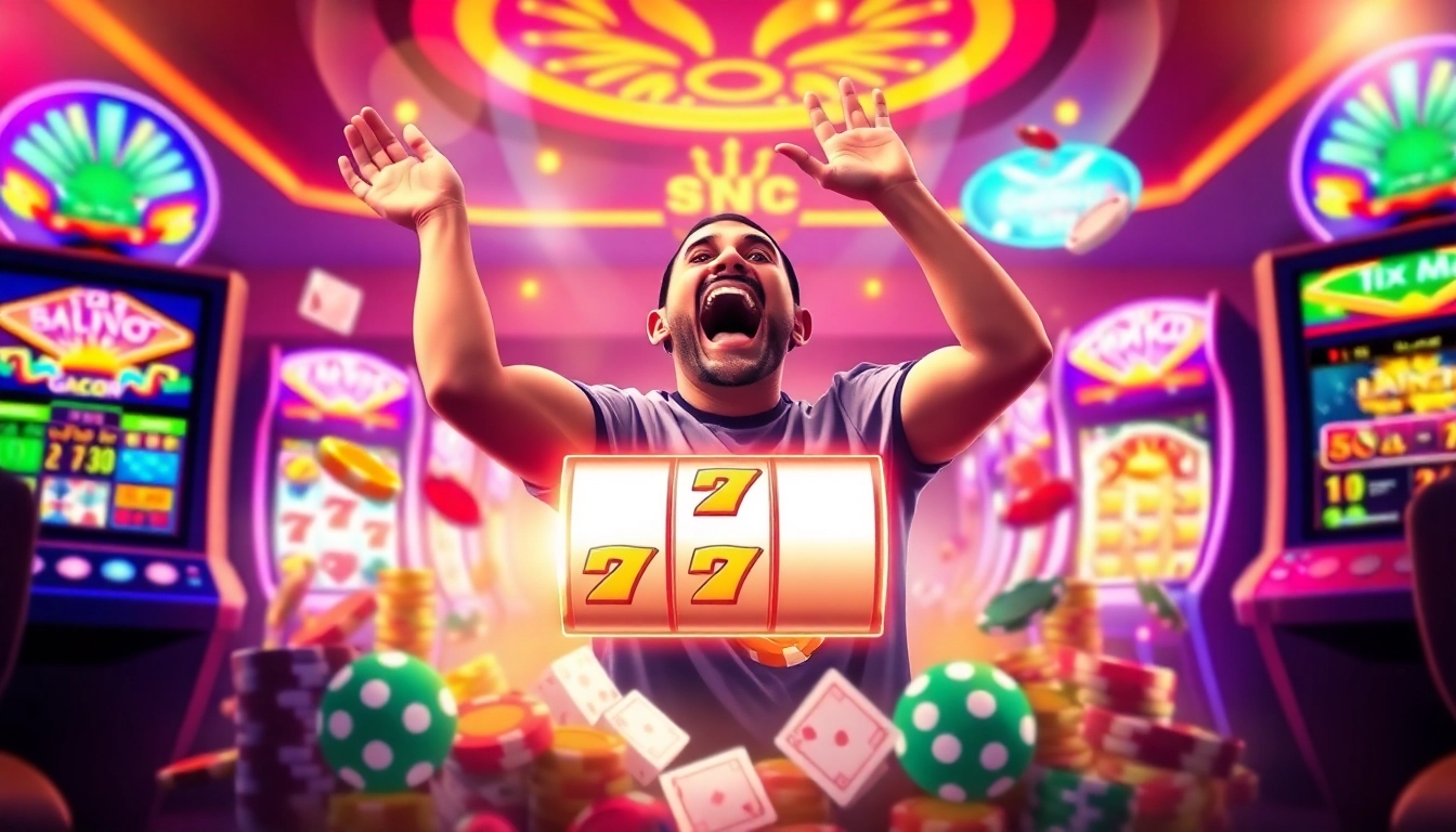 Winning player celebrates at a Slot Gacor machine in a vibrant casino setting full of excitement.